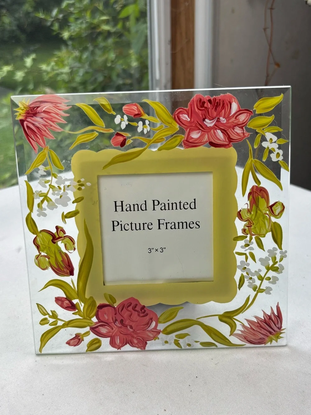 NEW Hand Painted Pink & Green Floral Picture Frame Clear Glass 7” x 7”